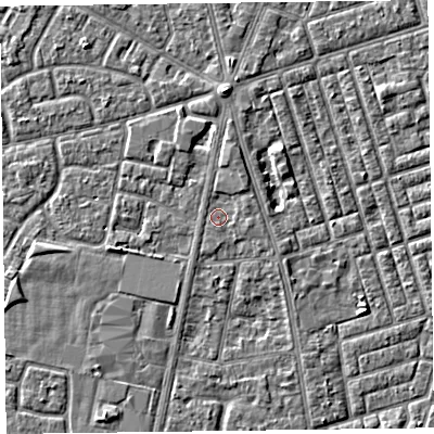Shaded relief map of the ground around FY78HE, computed from Environment Agency LiDAR. The ground here sits at about 5 m above sea level and falls 3 m across the surrounding 800 m. Surface water reaching this point runs off ground lying to the north, 1.3 m higher.