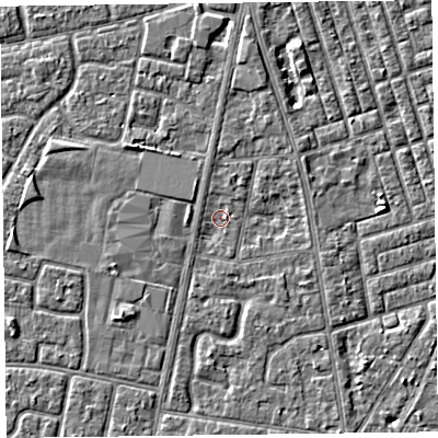 Shaded relief map of the ground around FY78HF, computed from Environment Agency LiDAR. The ground here sits at about 5 m above sea level and falls 2 m across the surrounding 800 m. Surface water reaching this point runs off ground lying to the south-west, 0.6 m higher.