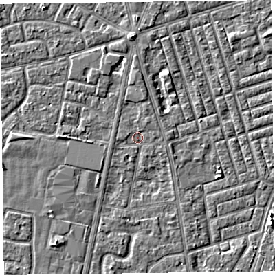 Shaded relief map of the ground around FY78HG, computed from Environment Agency LiDAR. The ground here sits at about 5 m above sea level and falls 3 m across the surrounding 800 m. Surface water reaching this point runs off ground lying to the north, 1.3 m higher.
