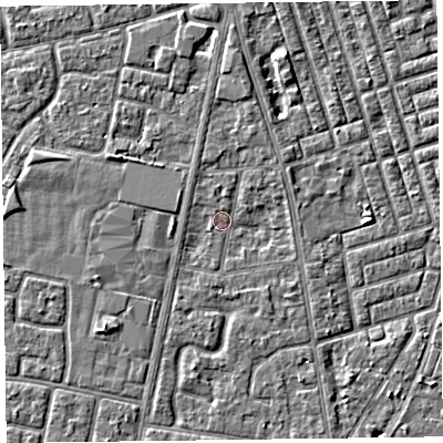 Shaded relief map of the ground around FY78HH, computed from Environment Agency LiDAR. The ground here sits at about 5 m above sea level and falls 2 m across the surrounding 800 m. Surface water reaching this point runs off ground lying to the north, 1.9 m higher.