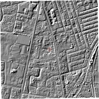 Shaded relief map of the ground around FY78HJ, computed from Environment Agency LiDAR. The ground here sits at about 5 m above sea level and falls 3 m across the surrounding 800 m. Surface water reaching this point runs off ground lying to the south, 1.4 m higher.