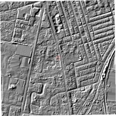 Shaded relief map of the ground around FY78HL, computed from Environment Agency LiDAR. The ground here sits at about 5 m above sea level and falls 3 m across the surrounding 800 m. Surface water reaching this point runs off ground lying to the south, 1.4 m higher.