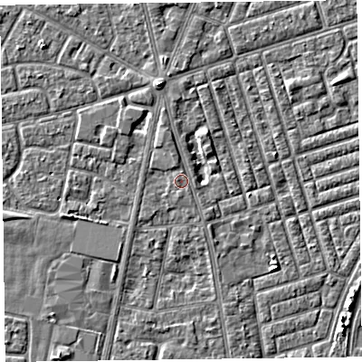Shaded relief map of the ground around FY78HN, computed from Environment Agency LiDAR. The ground here sits at about 5 m above sea level and falls 3 m across the surrounding 800 m. Surface water reaching this point runs off ground lying to the north-north-west, 0.8 m higher.