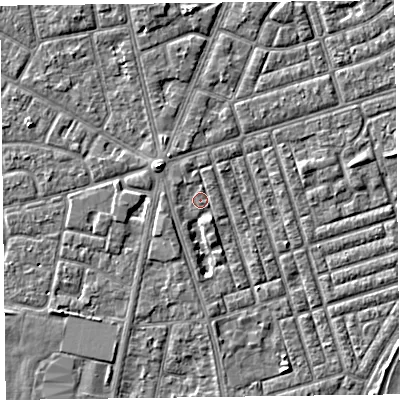 Shaded relief map of the ground around FY78HP, computed from Environment Agency LiDAR. The ground here sits at about 5 m above sea level and falls 3 m across the surrounding 800 m. Surface water reaching this point runs off ground lying to the west-north-west, 0.8 m higher.