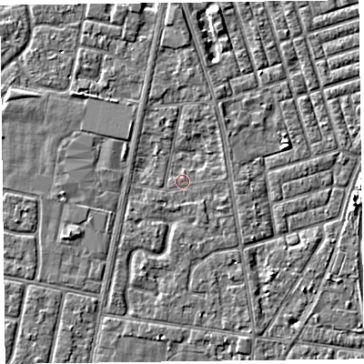 Shaded relief map of the ground around FY78HQ, computed from Environment Agency LiDAR. The ground here sits at about 5 m above sea level and falls 3 m across the surrounding 800 m. Surface water reaching this point runs off ground lying to the south-east, 1.2 m higher.