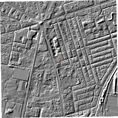 Shaded relief map of the ground around FY78HW, computed from Environment Agency LiDAR. The ground here sits at about 5 m above sea level and falls 4 m across the surrounding 800 m. Surface water reaching this point runs off ground lying to the north-west, 1.2 m higher.