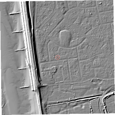 Shaded relief map of the ground around FY78JA, computed from Environment Agency LiDAR. The ground here sits at about 5 m above sea level and falls 13 m across the surrounding 800 m. Surface water reaching this point runs off ground lying to the south-south-west, 1.0 m higher.