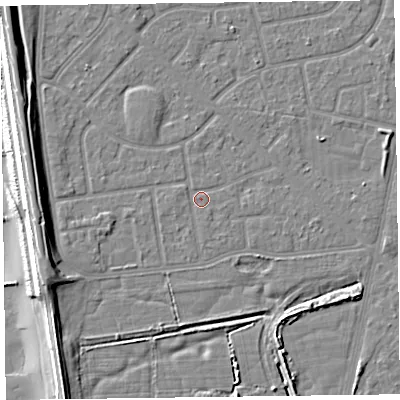 Shaded relief map of the ground around FY78JB, computed from Environment Agency LiDAR. The ground here sits at about 5 m above sea level and falls 11 m across the surrounding 800 m. Surface water reaching this point runs off ground lying to the south-south-west, 0.6 m higher.