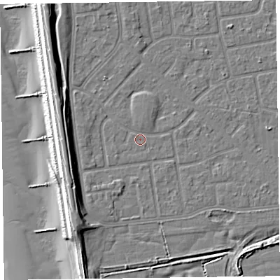 Shaded relief map of the ground around FY78JD, computed from Environment Agency LiDAR. The ground here sits at about 5 m above sea level and falls 12 m across the surrounding 800 m. Surface water reaching this point runs off ground lying to the south-west, 5.2 m higher.