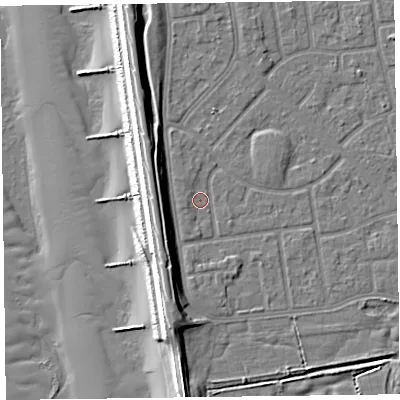 Shaded relief map of the ground around FY78JE, computed from Environment Agency LiDAR. The ground here sits at about 5 m above sea level and falls 14 m across the surrounding 800 m. Surface water reaching this point runs off ground lying to the south-south-west, 5.1 m higher.