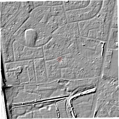 Shaded relief map of the ground around FY78JF, computed from Environment Agency LiDAR. The ground here sits at about 5 m above sea level and falls 7 m across the surrounding 800 m. Surface water reaching this point runs off ground lying to the west-south-west, 5.6 m higher.