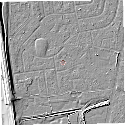 Shaded relief map of the ground around FY78JG, computed from Environment Agency LiDAR. The ground here sits at about 5 m above sea level and falls 10 m across the surrounding 800 m. Surface water reaching this point runs off ground lying to the north-east, 0.8 m higher.
