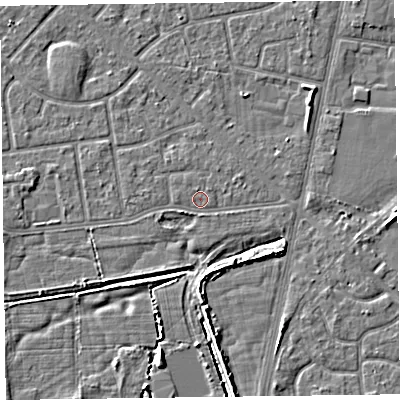 Shaded relief map of the ground around FY78JJ, computed from Environment Agency LiDAR. The ground here sits at about 5 m above sea level and falls 4 m across the surrounding 800 m. Surface water reaching this point runs off ground lying to the south-west, 1.6 m higher.