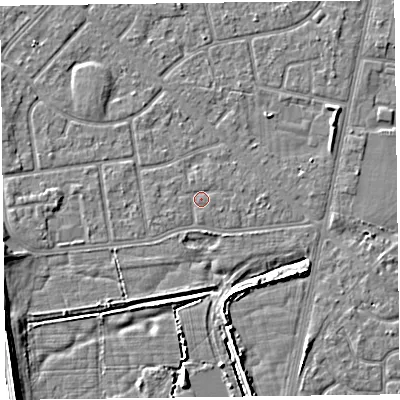 Shaded relief map of the ground around FY78JL, computed from Environment Agency LiDAR. The ground here sits at about 5 m above sea level and falls 6 m across the surrounding 800 m. Surface water reaching this point runs off ground lying to the west-south-west, 0.5 m higher.