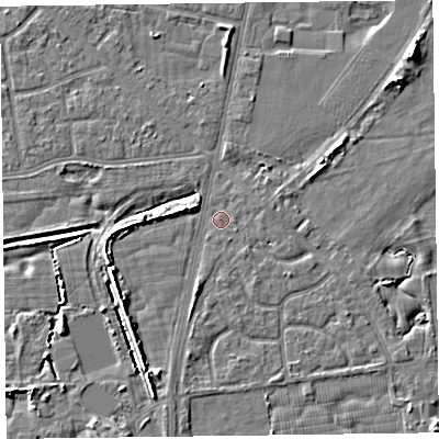 Shaded relief map of the ground around FY78JN, computed from Environment Agency LiDAR. The ground here sits at about 5 m above sea level and falls 6 m across the surrounding 800 m. Surface water reaching this point runs off ground lying to the south-south-west, 1.8 m higher.