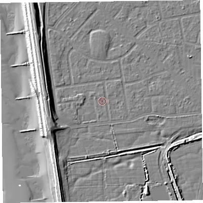 Shaded relief map of the ground around FY78JQ, computed from Environment Agency LiDAR. The ground here sits at about 5 m above sea level and falls 12 m across the surrounding 800 m. Surface water reaching this point runs off ground lying to the west-north-west, 0.6 m higher.