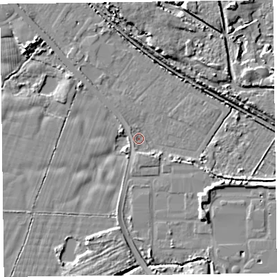 Shaded relief map of the ground around FY78JT, computed from Environment Agency LiDAR. The ground here sits at about 5 m above sea level and falls 10 m across the surrounding 800 m. Surface water reaching this point runs off ground lying to the south-east, 4.3 m higher.