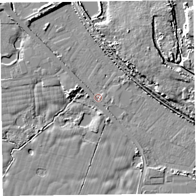 Shaded relief map of the ground around FY78JU, computed from Environment Agency LiDAR. The ground here sits at about 4 m above sea level and falls 11 m across the surrounding 800 m. Surface water reaching this point runs off ground lying to the west, 4.9 m higher.