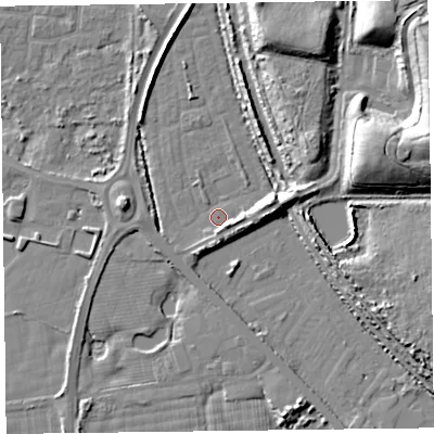 Shaded relief map of the ground around FY78JX, computed from Environment Agency LiDAR. The ground here sits at about 5 m above sea level and falls 20 m across the surrounding 800 m. Surface water reaching this point runs off ground lying to the east-north-east, 6.4 m higher.