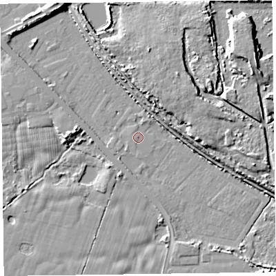 Shaded relief map of the ground around FY78JY, computed from Environment Agency LiDAR. The ground here sits at about 4 m above sea level and falls 12 m across the surrounding 800 m. Surface water reaching this point runs off ground lying to the south-east, 5.6 m higher.
