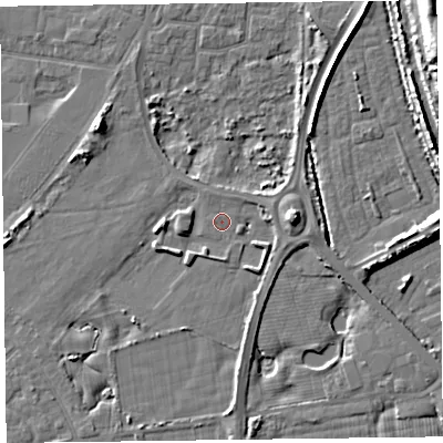 Shaded relief map of the ground around FY78JZ, computed from Environment Agency LiDAR. The ground here sits at about 5 m above sea level and falls 11 m across the surrounding 800 m. Surface water reaching this point runs off ground lying to the west-south-west, 2.7 m higher.