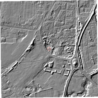 Shaded relief map of the ground around FY78LA, computed from Environment Agency LiDAR. The ground here sits at about 4 m above sea level and falls 6 m across the surrounding 800 m. Surface water reaching this point runs off ground lying to the north-east, 3.6 m higher.