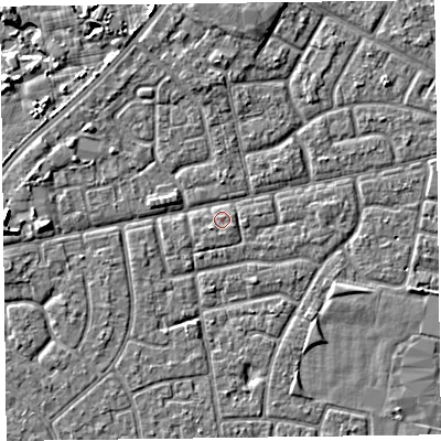Shaded relief map of the ground around FY78LB, computed from Environment Agency LiDAR. The ground here sits at about 5 m above sea level and falls 4 m across the surrounding 800 m. Surface water reaching this point runs off ground lying to the east-south-east, 1.7 m higher.