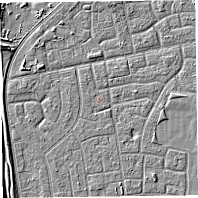 Shaded relief map of the ground around FY78LD, computed from Environment Agency LiDAR. The ground here sits at about 5 m above sea level and falls 6 m across the surrounding 800 m. Surface water reaching this point runs off ground lying to the west, 0.6 m higher.