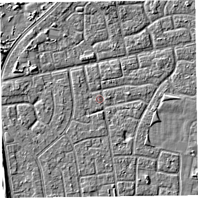 Shaded relief map of the ground around FY78LE, computed from Environment Agency LiDAR. The ground here sits at about 5 m above sea level and falls 4 m across the surrounding 800 m. Surface water reaching this point runs off ground lying to the west-south-west, 1.3 m higher.