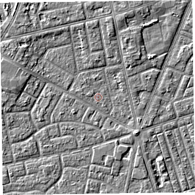Shaded relief map of the ground around FY78LH, computed from Environment Agency LiDAR. The ground here sits at about 5 m above sea level and falls 3 m across the surrounding 800 m. Surface water reaching this point runs off ground lying to the west, 0.9 m higher.