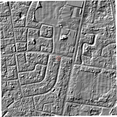 Shaded relief map of the ground around FY78LJ, computed from Environment Agency LiDAR. The ground here sits at about 5 m above sea level and falls 2 m across the surrounding 800 m. Surface water reaching this point runs off ground lying to the north-north-east, 1.4 m higher.