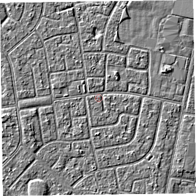 Shaded relief map of the ground around FY78LL, computed from Environment Agency LiDAR. The ground here sits at about 5 m above sea level and falls 2 m across the surrounding 800 m. Surface water reaching this point runs off ground lying to the west-north-west, 0.8 m higher.