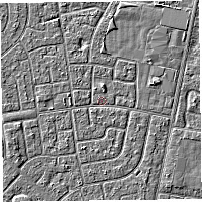 Shaded relief map of the ground around FY78LN, computed from Environment Agency LiDAR. The ground here sits at about 5 m above sea level and falls 2 m across the surrounding 800 m. Surface water reaching this point runs off ground lying to the west, 1.0 m higher.