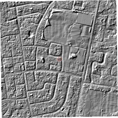 Shaded relief map of the ground around FY78LP, computed from Environment Agency LiDAR. The ground here sits at about 5 m above sea level and falls 2 m across the surrounding 800 m. Surface water reaching this point runs off ground lying to the east, 1.4 m higher.