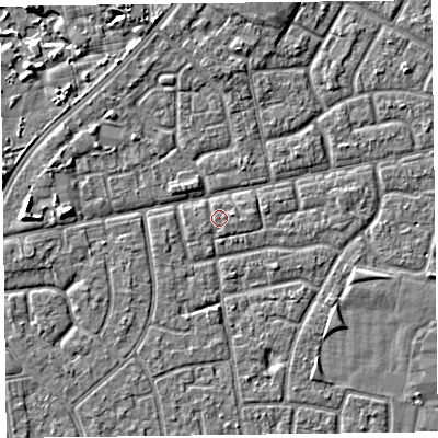 Shaded relief map of the ground around FY78LQ, computed from Environment Agency LiDAR. The ground here sits at about 5 m above sea level and falls 4 m across the surrounding 800 m. Surface water reaching this point runs off ground lying to the east-north-east, 0.7 m higher.