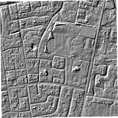 Shaded relief map of the ground around FY78LR, computed from Environment Agency LiDAR. The ground here sits at about 5 m above sea level and falls 2 m across the surrounding 800 m. Surface water reaching this point runs off ground lying to the north-north-west, 0.9 m higher.