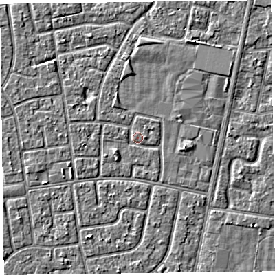 Shaded relief map of the ground around FY78LS, computed from Environment Agency LiDAR. The ground here sits at about 5 m above sea level and falls 2 m across the surrounding 800 m. Surface water reaching this point runs off ground lying to the north, 1.0 m higher.