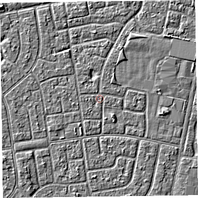 Shaded relief map of the ground around FY78LT, computed from Environment Agency LiDAR. The ground here sits at about 5 m above sea level and falls 3 m across the surrounding 800 m. Surface water reaching this point runs off ground lying to the north-north-west, 0.6 m higher.