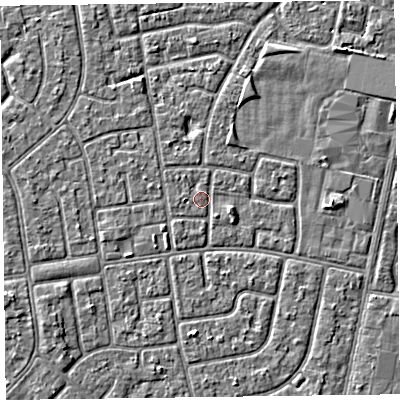 Shaded relief map of the ground around FY78LU, computed from Environment Agency LiDAR. The ground here sits at about 5 m above sea level and falls 2 m across the surrounding 800 m. Surface water reaching this point runs off ground lying to the south-west, 1.8 m higher.