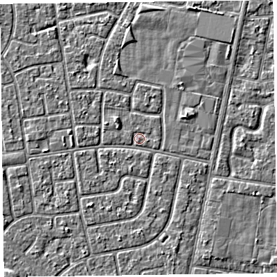 Shaded relief map of the ground around FY78LW, computed from Environment Agency LiDAR. The ground here sits at about 5 m above sea level and falls 2 m across the surrounding 800 m. Surface water reaching this point runs off ground lying to the north-west, 1.3 m higher.