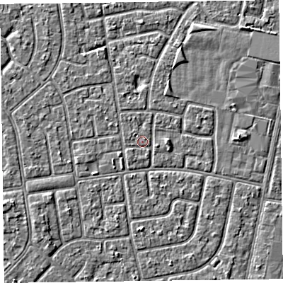 Shaded relief map of the ground around FY78LX, computed from Environment Agency LiDAR. The ground here sits at about 5 m above sea level and falls 2 m across the surrounding 800 m. Surface water reaching this point runs off ground lying to the south-west, 1.8 m higher.