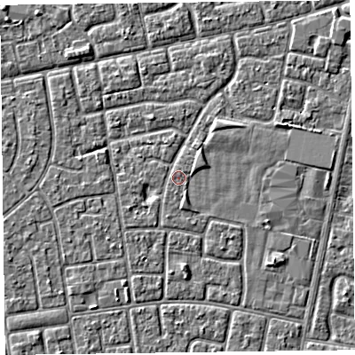 Shaded relief map of the ground around FY78LY, computed from Environment Agency LiDAR. The ground here sits at about 5 m above sea level and falls 2 m across the surrounding 800 m. Surface water reaching this point runs off ground lying to the south-south-east, 0.9 m higher.