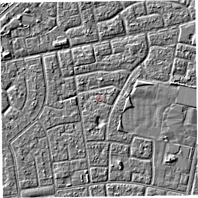 Shaded relief map of the ground around FY78LZ, computed from Environment Agency LiDAR. The ground here sits at about 5 m above sea level and falls 3 m across the surrounding 800 m. The ground contributing surface water to this point lies to the south.