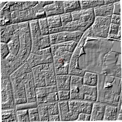 Shaded relief map of the ground around FY78NA, computed from Environment Agency LiDAR. The ground here sits at about 5 m above sea level and falls 3 m across the surrounding 800 m. Surface water reaching this point runs off ground lying to the south-south-west, 1.3 m higher.