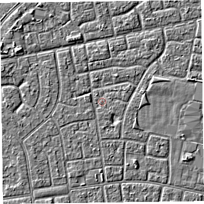 Shaded relief map of the ground around FY78NB, computed from Environment Agency LiDAR. The ground here sits at about 5 m above sea level and falls 3 m across the surrounding 800 m. Surface water reaching this point runs off ground lying to the south-west, 1.2 m higher.