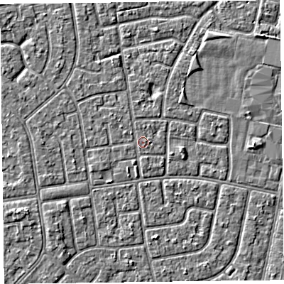 Shaded relief map of the ground around FY78ND, computed from Environment Agency LiDAR. The ground here sits at about 5 m above sea level and falls 2 m across the surrounding 800 m. Surface water reaching this point runs off ground lying to the north-west, 0.5 m higher.