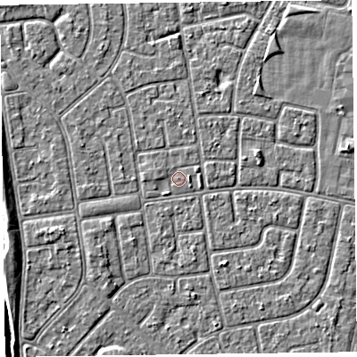 Shaded relief map of the ground around FY78NE, computed from Environment Agency LiDAR. The ground here sits at about 5 m above sea level and falls 6 m across the surrounding 800 m. Surface water reaching this point runs off ground lying to the west-north-west, 0.6 m higher.