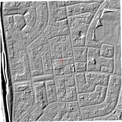 Shaded relief map of the ground around FY78NF, computed from Environment Agency LiDAR. The ground here sits at about 5 m above sea level and falls 6 m across the surrounding 800 m. Surface water reaching this point runs off ground lying to the north-east, 0.6 m higher.