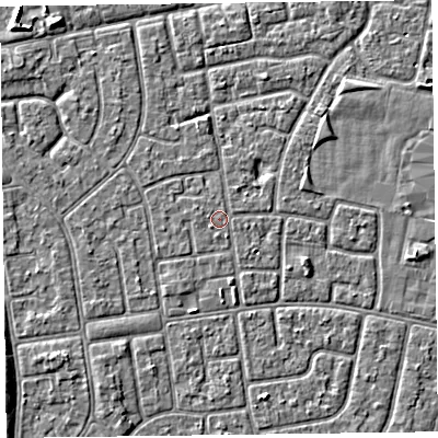 Shaded relief map of the ground around FY78NG, computed from Environment Agency LiDAR. The ground here sits at about 5 m above sea level and falls 3 m across the surrounding 800 m. The ground contributing surface water to this point lies to the south-south-east.