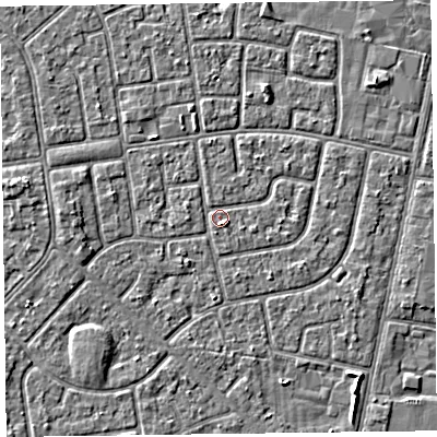 Shaded relief map of the ground around FY78NH, computed from Environment Agency LiDAR. The ground here sits at about 5 m above sea level and falls 2 m across the surrounding 800 m. Surface water reaching this point runs off ground lying to the west, 1.5 m higher.